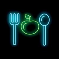 Neon sign showing an apple between a fork and a spoon, glowing in the dark vector
