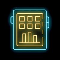 Neon icon of a tablet showing a spreadsheet with growing bars on a black background vector