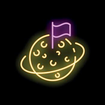 Neon sign depicting colonization of a planet with flag on black background vector