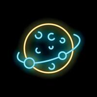 Neon planet with ring orbiting around glowing star on black background vector