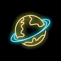 Neon sign representing planet earth with orbiting rings on black background vector
