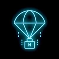 Glowing neon line parachute with cargo delivery icon isolated on black background. Vector illustration