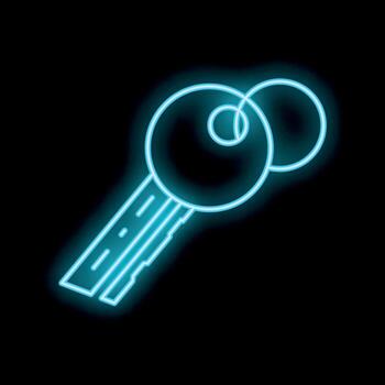 Blue neon key with keyring glowing on black background vector