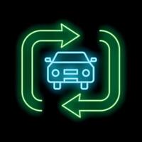 Neon effect glowing icon of a car surrounded by turning arrows vector