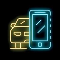 Neon icon of smartphone displaying car sharing app interface vector