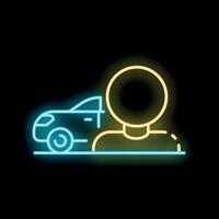 Neon icon of person standing next to a car isolated on black background vector