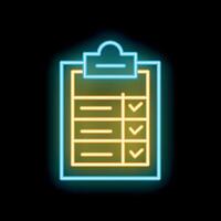 Neon clipboard with checklist showing completed tasks on black background vector