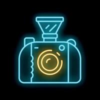 Neon camera icon glowing on dark background vector