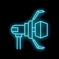Glowing neon sign of robotic arm holding cube on black background vector