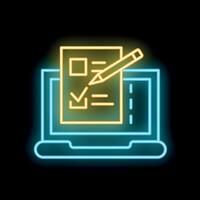 Neon icon of online survey being filled out on a laptop vector