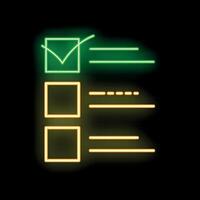 Neon check mark showing completing tasks in to do list on black background vector