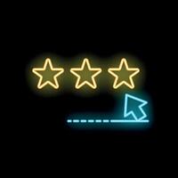 Neon cursor clicking four stars rating system on black background vector