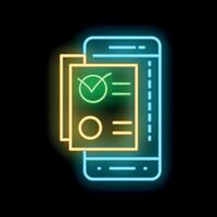 Neon icon of mobile phone displaying electronic documents for online survey vector