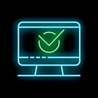Neon green tick icon inside a monitor displaying on black background vector