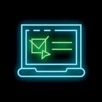 Neon icon of laptop showing online survey with check mark and cursor clicking vector