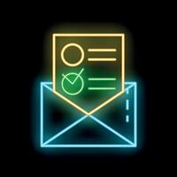 Neon icon of envelope with checked items on document representing online survey vector