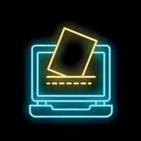 Neon online voting concept with ballot dropped into laptop computer screen vector