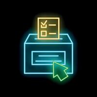 Neon online voting concept with mouse cursor clicking on ballot box icon on black background vector