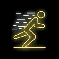 Glowing neon sign of a man running fast on black background vector
