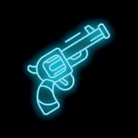 Blue neon sign of a revolver shooting a bullet on black background vector