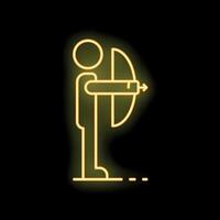 Stick figure archer aiming with bow and arrow neon sign vector