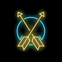 Neon sign showing crossed arrows with circle on black background vector