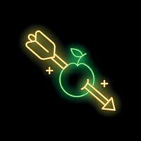 Neon sign of an arrow piercing an apple on black background vector