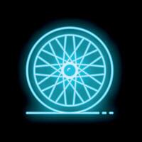 Blue neon sign of a bicycle wheel glowing on a black background vector