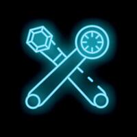 Neon blue wrench and spanner crossed over dark background vector