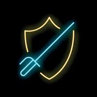 Neon sword piercing protection shield symbol on black background vector