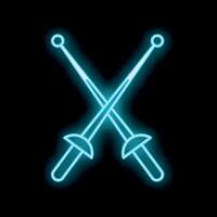 Neon style icon of crossed fencing foils glowing on black background vector