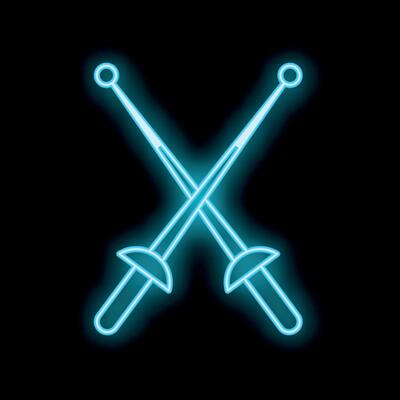 Neon style icon of crossed fencing foils glowing on black background