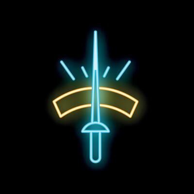 Glowing neon line icon of a fencing sword, representing the olympic sport of fencing