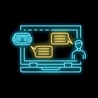 Neon chatbot talking with a man through laptop screen vector