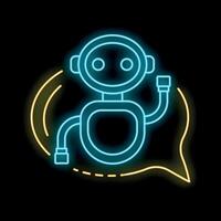 Neon sign chatbot waving in speech bubble saying hello vector
