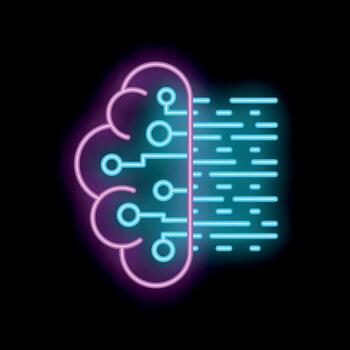 Neon brain transforming data into binary code stream vector