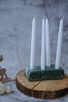 DIY process of making Christmas arrangement of advent candle calendar four weeks. Series of handmade craft instruction. Zero waste eco-friendly winter holiday decoration. New year top view, flat lay photo