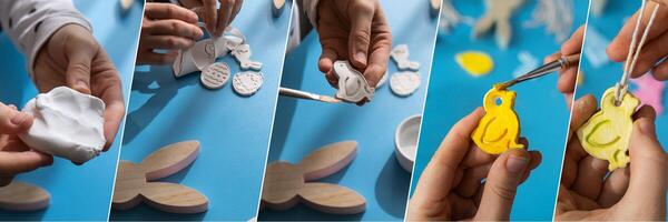 Collage tutorial Creator is using white air dry clay for making decor to EASTER holiday. Creating hobby recreation activity that involves fingers. DIY crafting Modern art photo