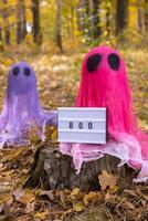 Lightbox BOO text Halloween holiday concept. Handmade colorful ghosts made from bandages and glue in autumn forest background. Children's art project. DIY concept. photo