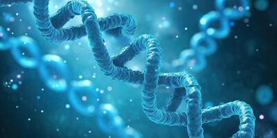 Close-up of double helix dna structure on a blue background with glowing particles photo