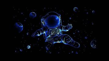 Neon frame effect, Adorable Astronaut with a big smile, floating in space with stars and planets around on black background video