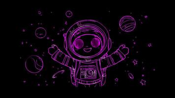 Neon frame effect, Adorable Astronaut with a big smile, floating in space with stars and planets around on black background video
