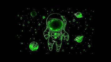 Neon frame effect, Adorable Astronaut with a big smile, floating in space with stars and planets around on black background video
