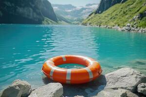 Orange lifebuoy floating on turquoise lake in the swiss alps photo