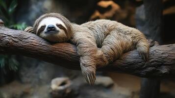 Sloth sleeping peacefully on a branch in the rainforest photo