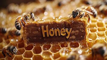 Bees working on honeycomb with honey natures golden treasure photo