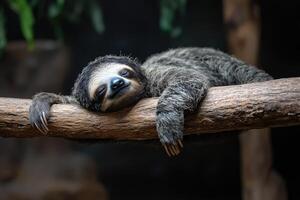 Sloth sleeping peacefully on a branch in the rainforest photo