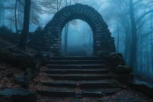 Stone archway leading to mysterious staircase in foggy forest photo