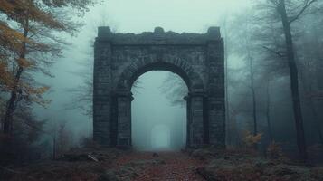 Old stone archway standing in a foggy forest photo