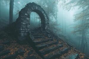 Stone archway leading to mysterious staircase in foggy forest photo